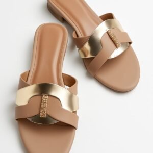 Women's Tan & Gold Embellished Flat Sandals
