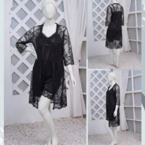 3 Pcs Luxurious Silk & Net Black Lace Women's Sleepwear